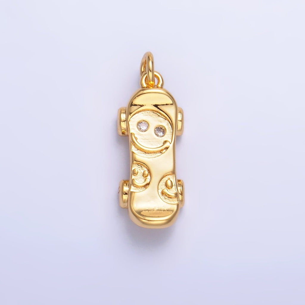 24K Gold plated CZ Smiley Face Skateboard Charm in Gold & Silver | W792 - DLUXCA