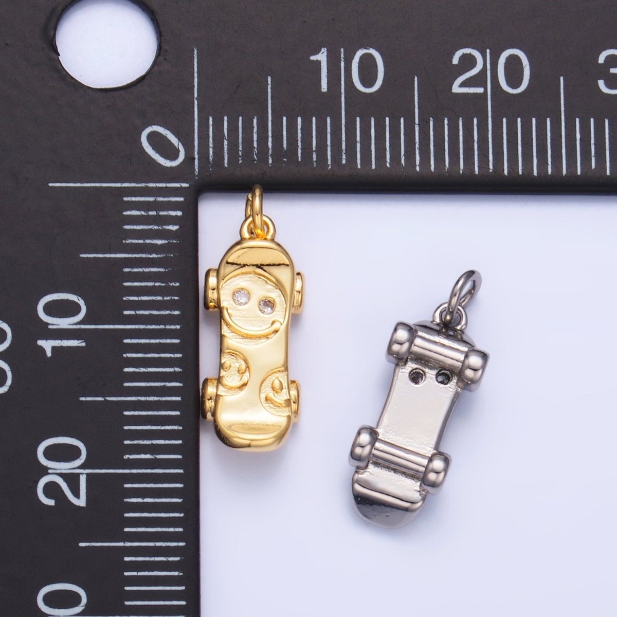 24K Gold plated CZ Smiley Face Skateboard Charm in Gold & Silver | W792 - DLUXCA