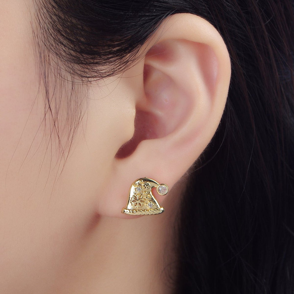 24K Gold plated CZ Snowflake Christmas Hat Stud Earrings | P001 - DLUXCA