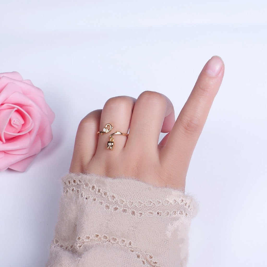 24K Gold plated CZ Vine Rose Dangle Adjustable Ring | Y-326 - DLUXCA