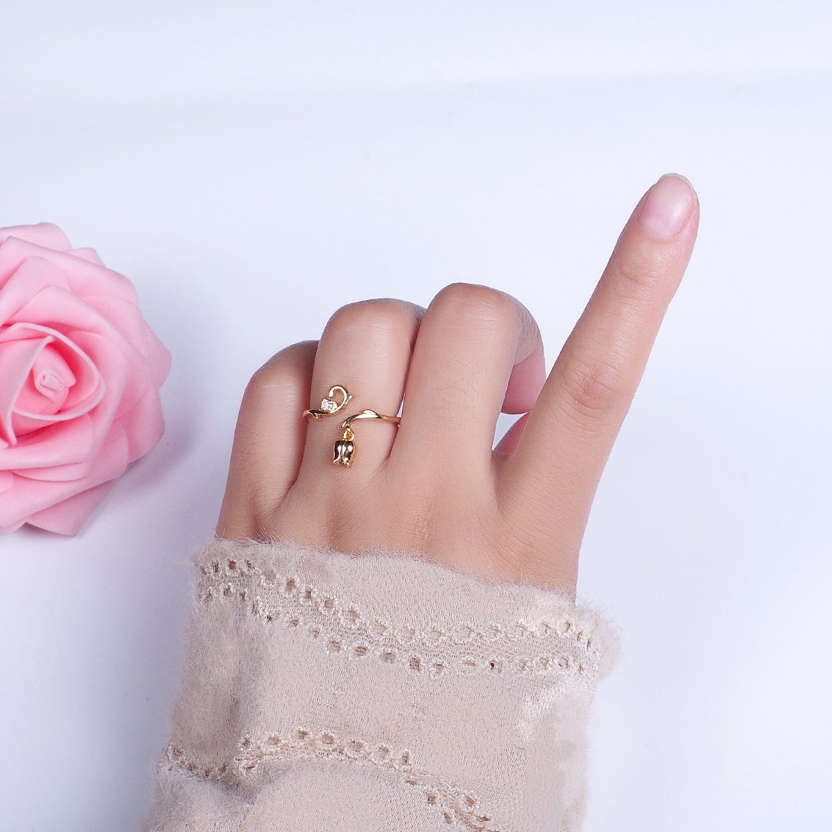 24K Gold plated CZ Vine Rose Dangle Adjustable Ring | Y-326 - DLUXCA