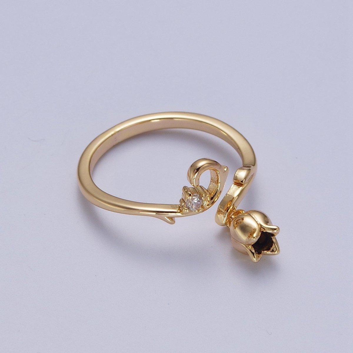 24K Gold plated CZ Vine Rose Dangle Adjustable Ring | Y-326 - DLUXCA