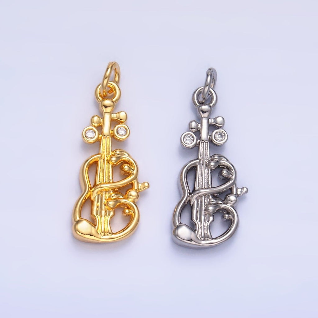 24K Gold plated CZ Violin Cello Music Instrument Charm in Gold & Silver | W369