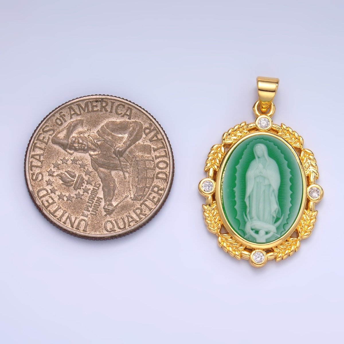 24K Gold plated CZ Virgin Mary Flower Leaf Outline Oval Religious Pendant | AA867 
