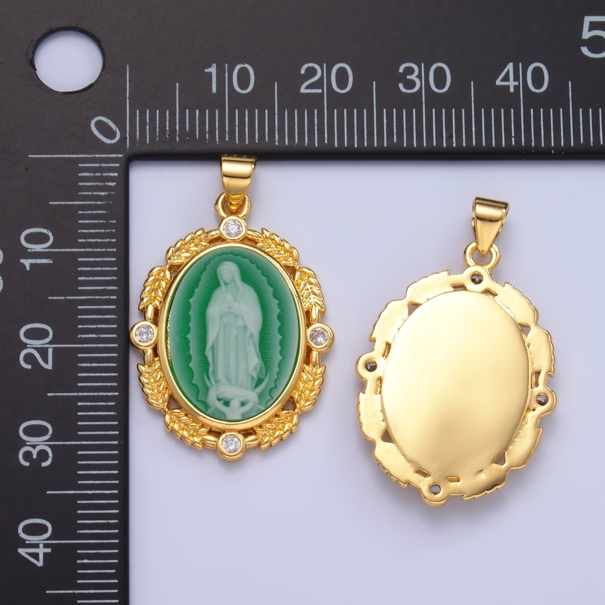 24K Gold plated CZ Virgin Mary Flower Leaf Outline Oval Religious Pendant | AA867 