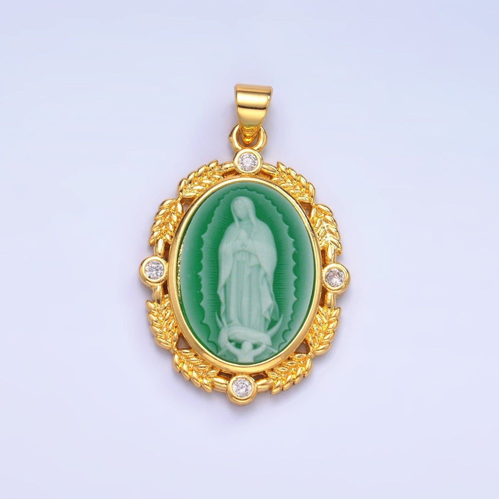 24K Gold plated CZ Virgin Mary Flower Leaf Outline Oval Religious Pendant | AA867 