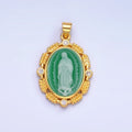 24K Gold plated CZ Virgin Mary Flower Leaf Outline Oval Religious Pendant | AA867 