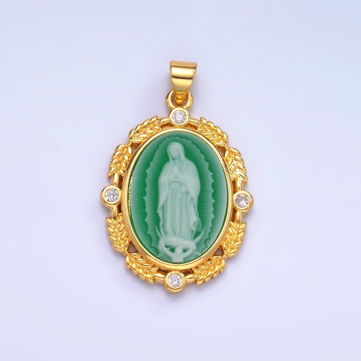 24K Gold plated CZ Virgin Mary Flower Leaf Outline Oval Religious Pendant | AA867 