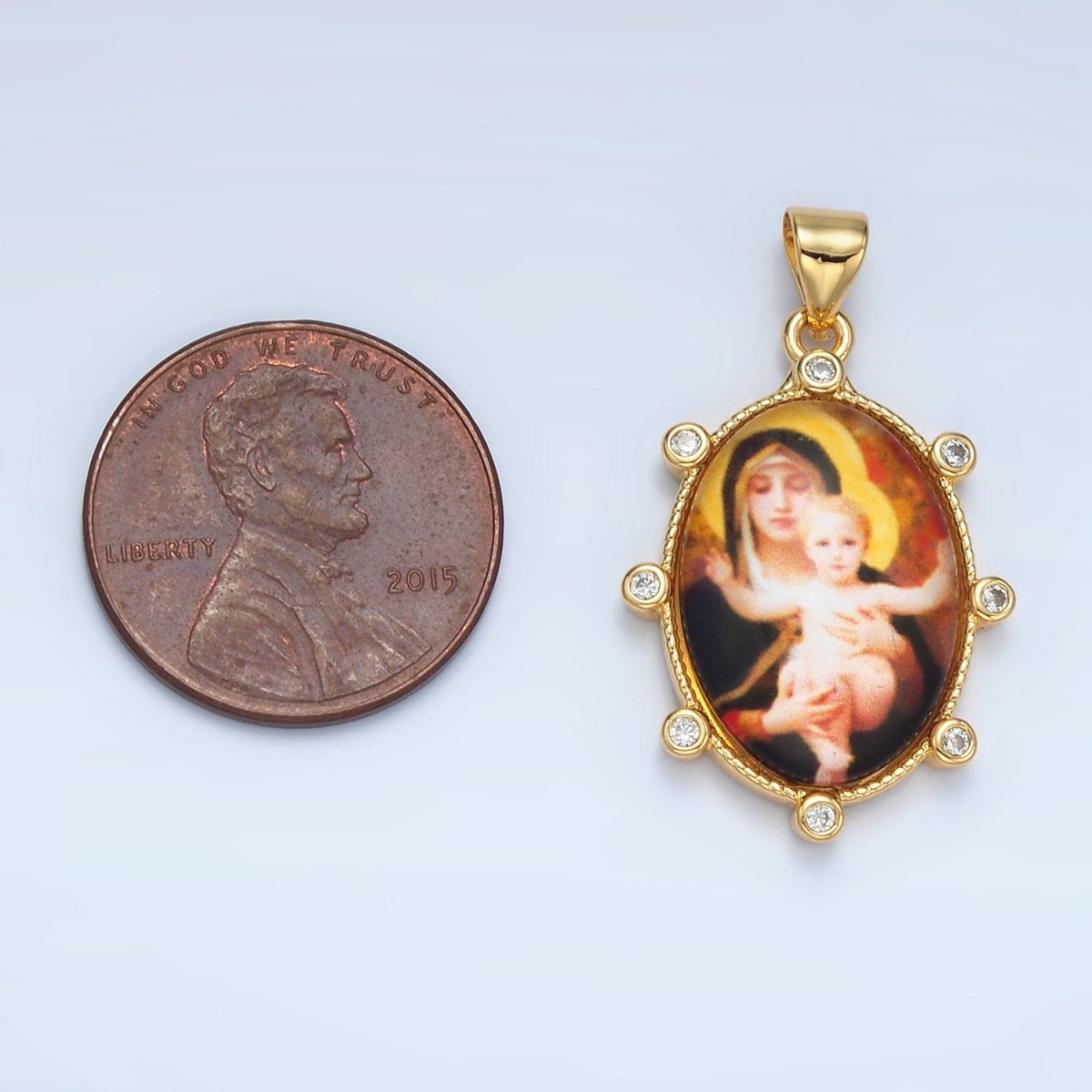 24K Gold plated CZ Virgin Mary Holding Baby Jesus Oval Religious Pendant | AA - 903 - DLUXCA