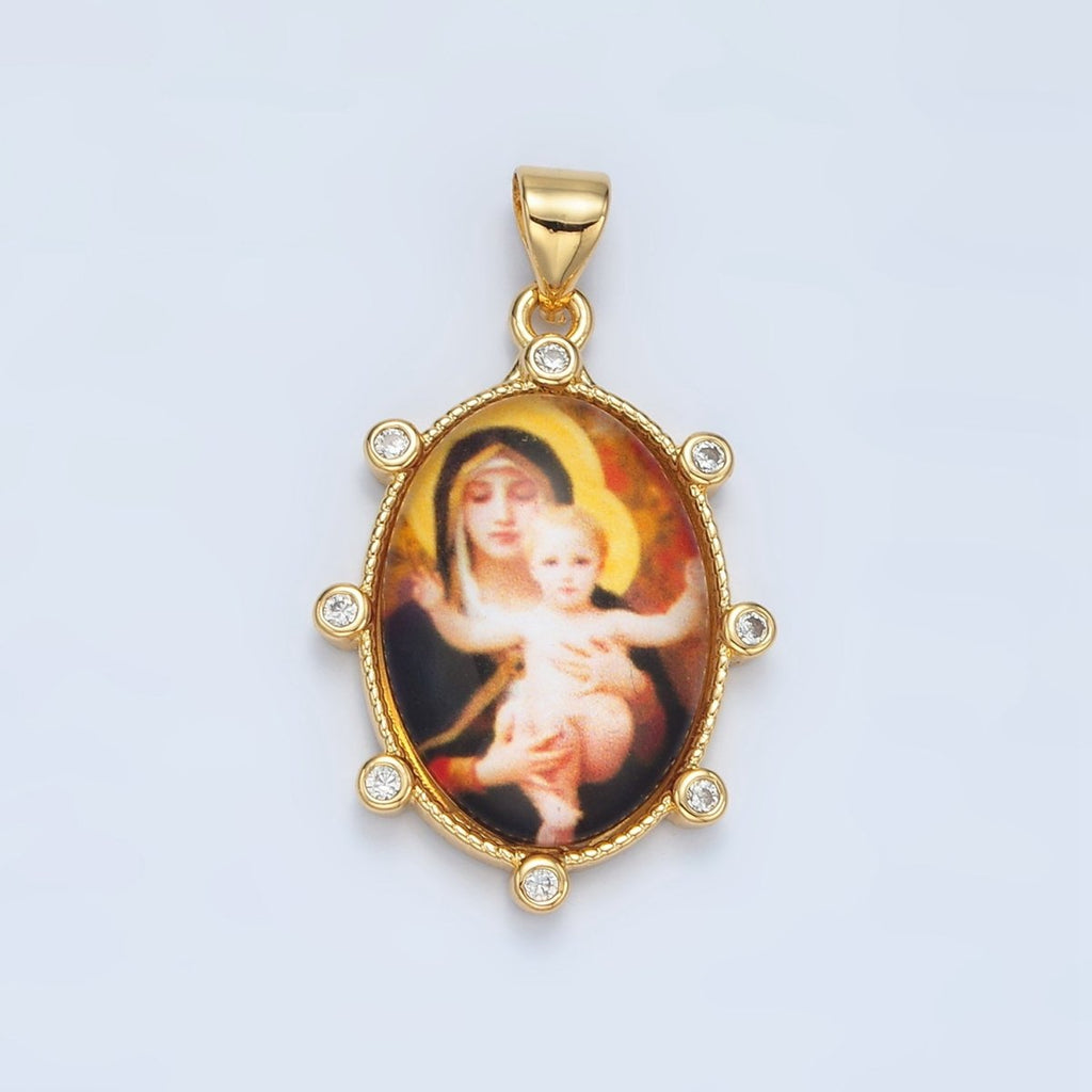 24K Gold plated CZ Virgin Mary Holding Baby Jesus Oval Religious Pendant | AA - 903 - DLUXCA