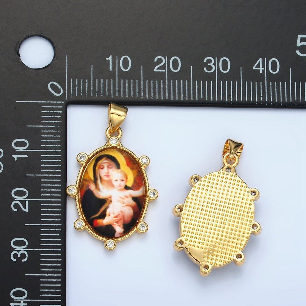 24K Gold plated CZ Virgin Mary Holding Baby Jesus Oval Religious Pendant | AA - 903 - DLUXCA