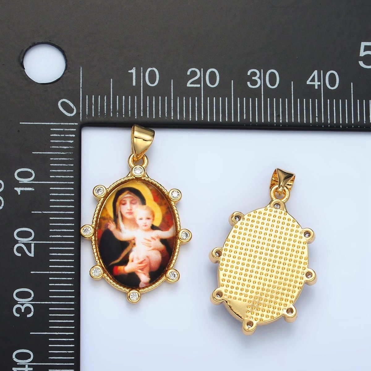 24K Gold plated CZ Virgin Mary Holding Baby Jesus Oval Religious Pendant | AA - 903 - DLUXCA