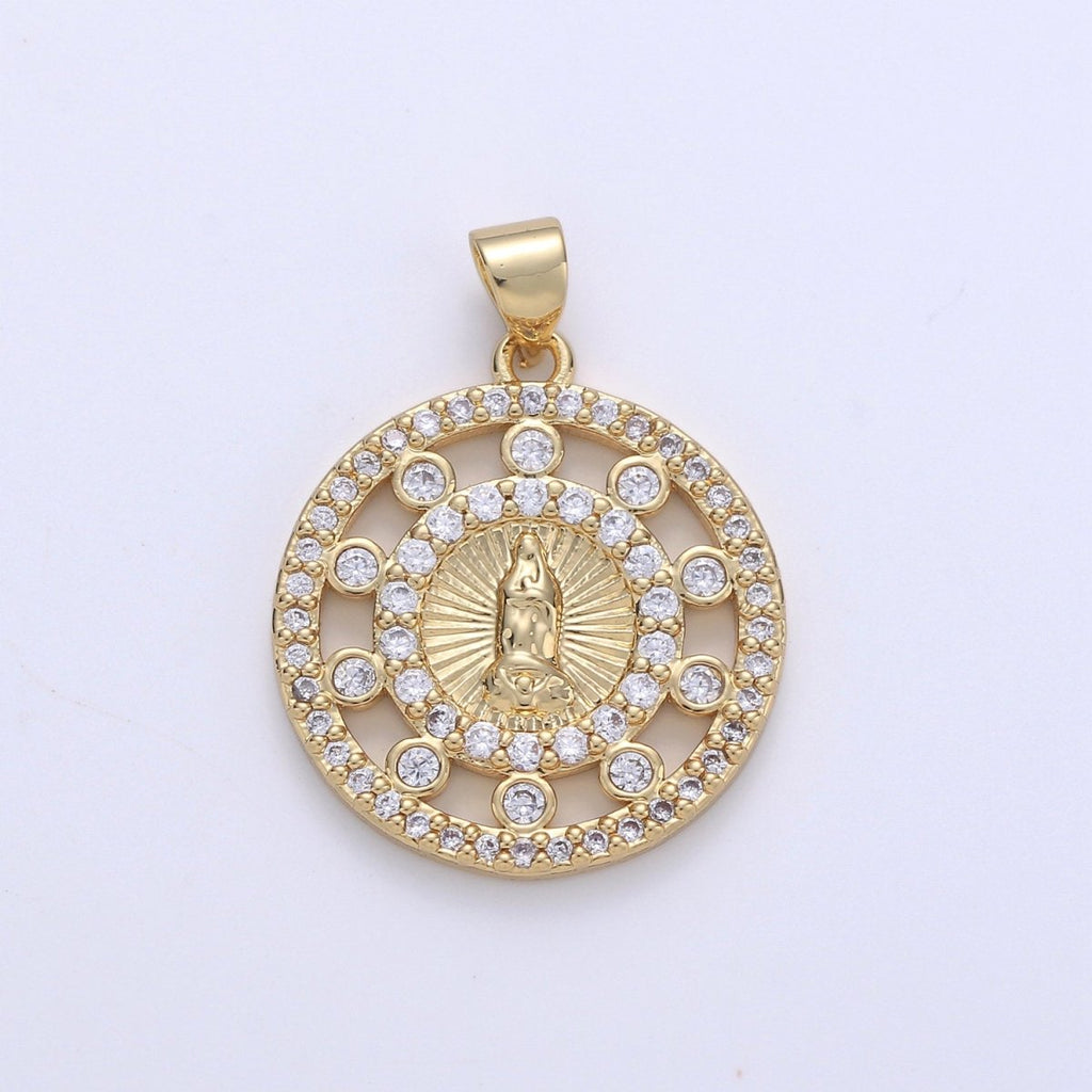 24k Gold plated CZ Virgin Mary Pendant, Lady Guadalupe Cubic Zirconia Charm, Mother of God Medallion, Rosary Charm for Necklace I-642 - DLUXCA