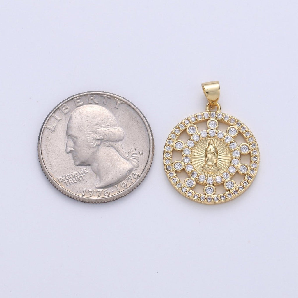 24k Gold plated CZ Virgin Mary Pendant, Lady Guadalupe Cubic Zirconia Charm, Mother of God Medallion, Rosary Charm for Necklace I-642 - DLUXCA