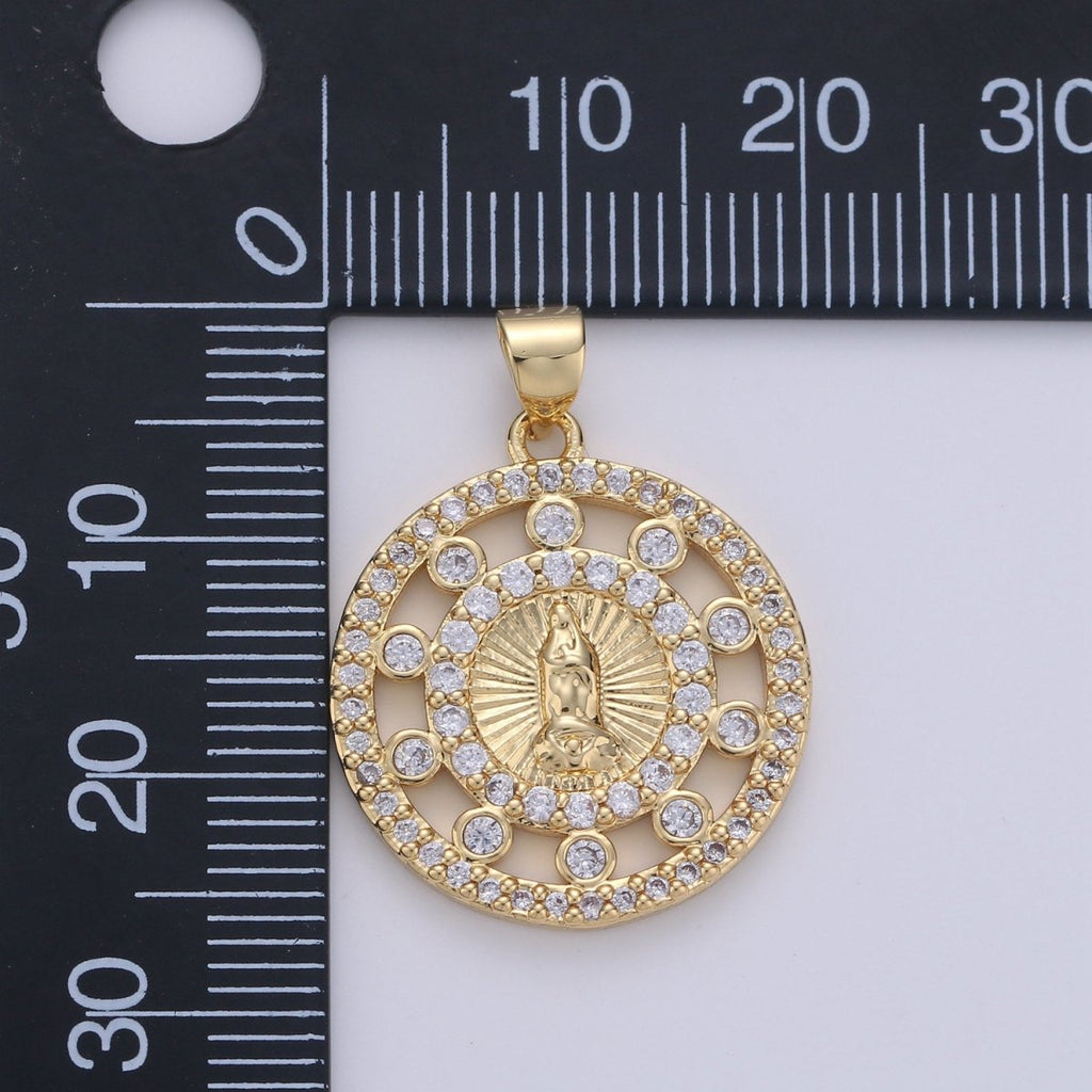 24k Gold plated CZ Virgin Mary Pendant, Lady Guadalupe Cubic Zirconia Charm, Mother of God Medallion, Rosary Charm for Necklace I-642 - DLUXCA