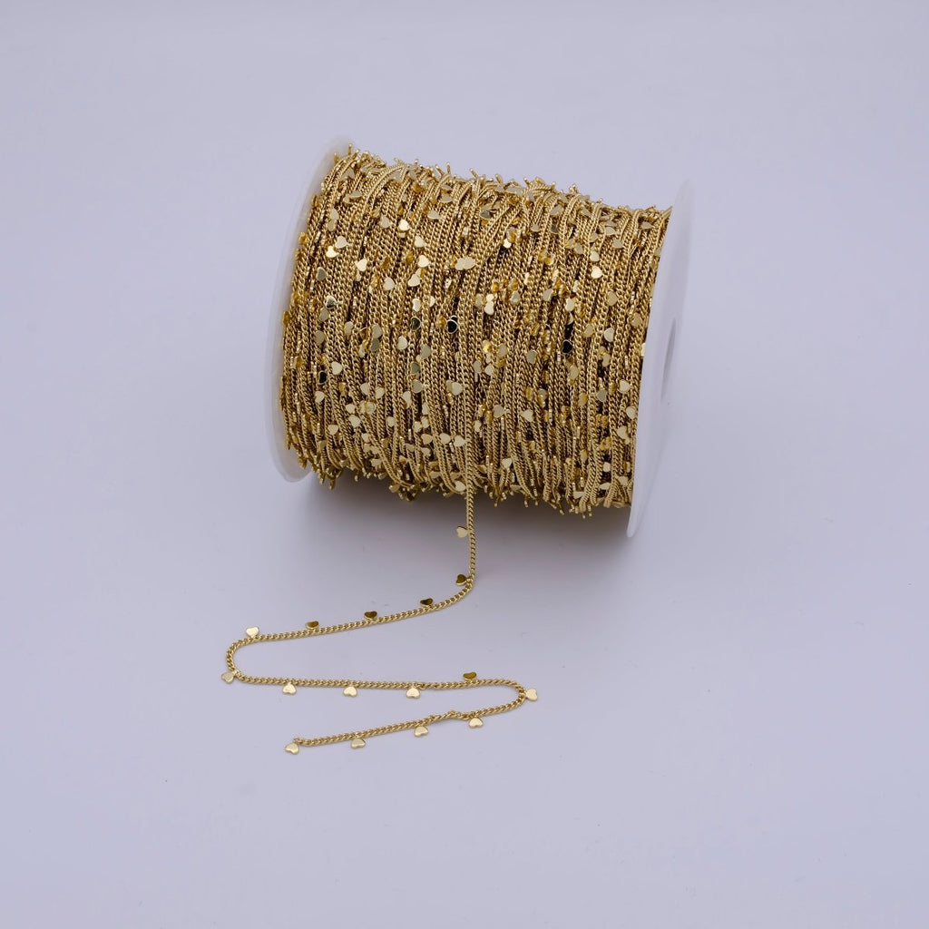 24K Gold plated Dainty 1.6mm Curb Chain with Hearts Charm, Rhodium Plated Unique Curb by Yard, Unfinished Chain For Jewelry Making | ROLL-645, ROLL-646 Clearance Pricing - DLUXCA