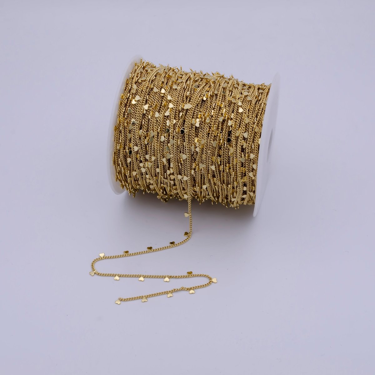 24K Gold plated Dainty 1.6mm Curb Chain with Hearts Charm, Rhodium Plated Unique Curb by Yard, Unfinished Chain For Jewelry Making | ROLL-645, ROLL-646 Clearance Pricing - DLUXCA