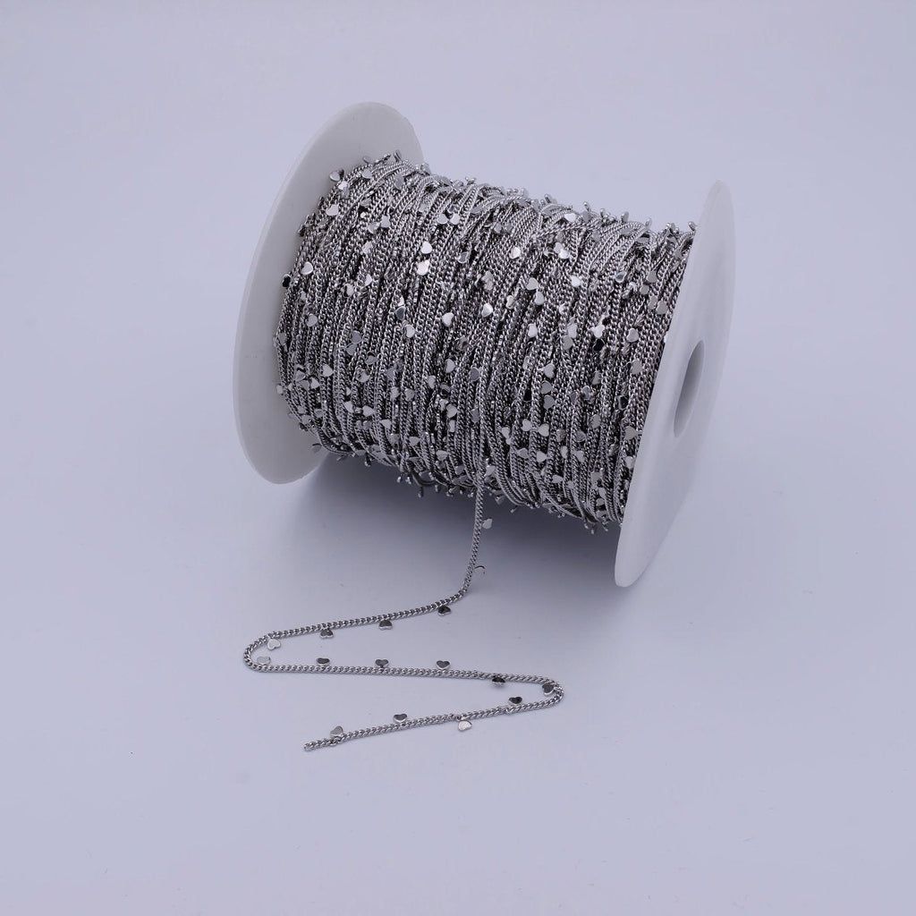 24K Gold plated Dainty 1.6mm Curb Chain with Hearts Charm, Rhodium Plated Unique Curb by Yard, Unfinished Chain For Jewelry Making | ROLL-645, ROLL-646 Clearance Pricing - DLUXCA