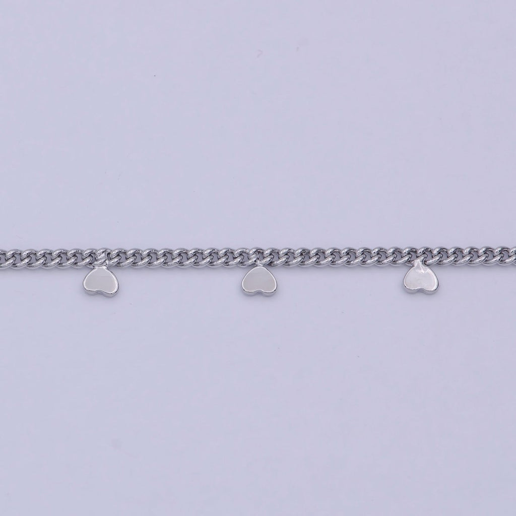 24K Gold plated Dainty 1.6mm Curb Chain with Hearts Charm, Rhodium Plated Unique Curb by Yard, Unfinished Chain For Jewelry Making | ROLL-645, ROLL-646 Clearance Pricing - DLUXCA