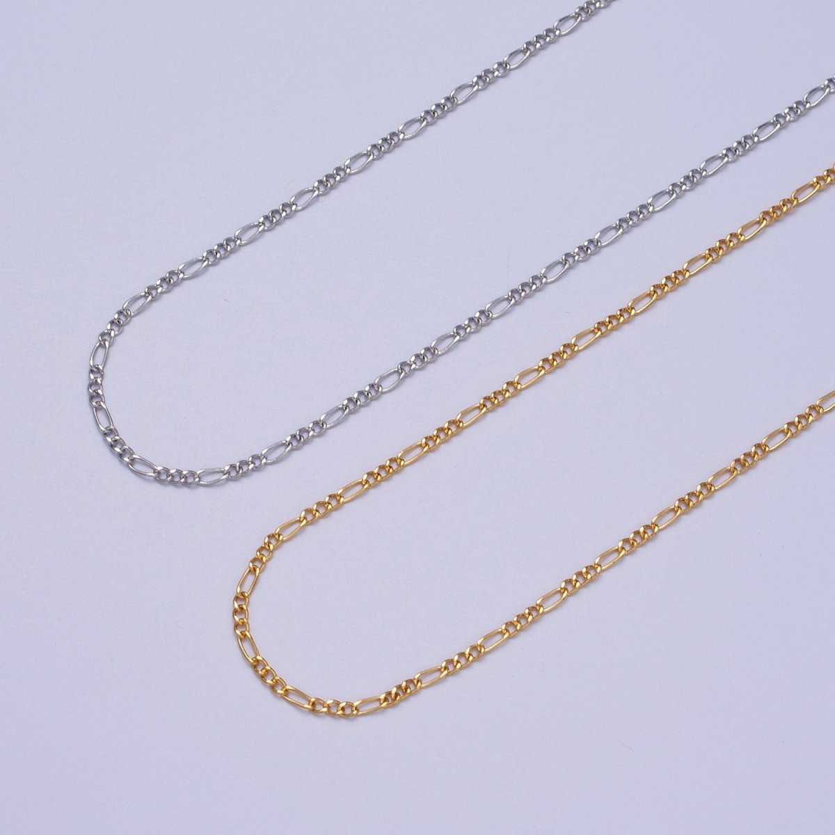 24K Gold plated Dainty 2mm Figaro Chain Bulk Gold, Silver Unfinished Chain | ROLL-980, ROLL-981 Clearance Pricing - DLUXCA