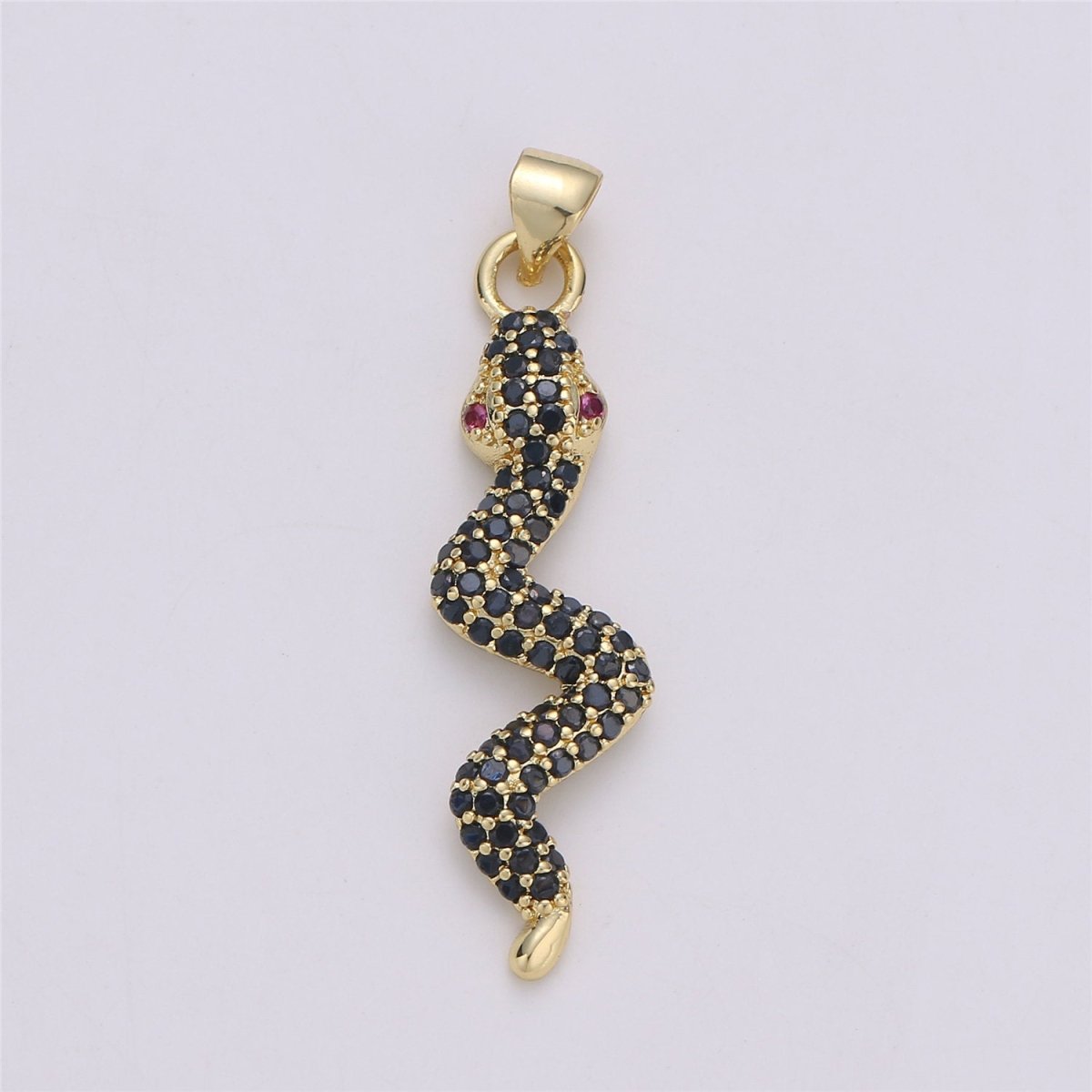 24K Gold plated Dainty Black Snake Pendant with Micro Pave Pink Cubic Zirconia CZ Stone for Necklace or Bracelet I-573 - DLUXCA