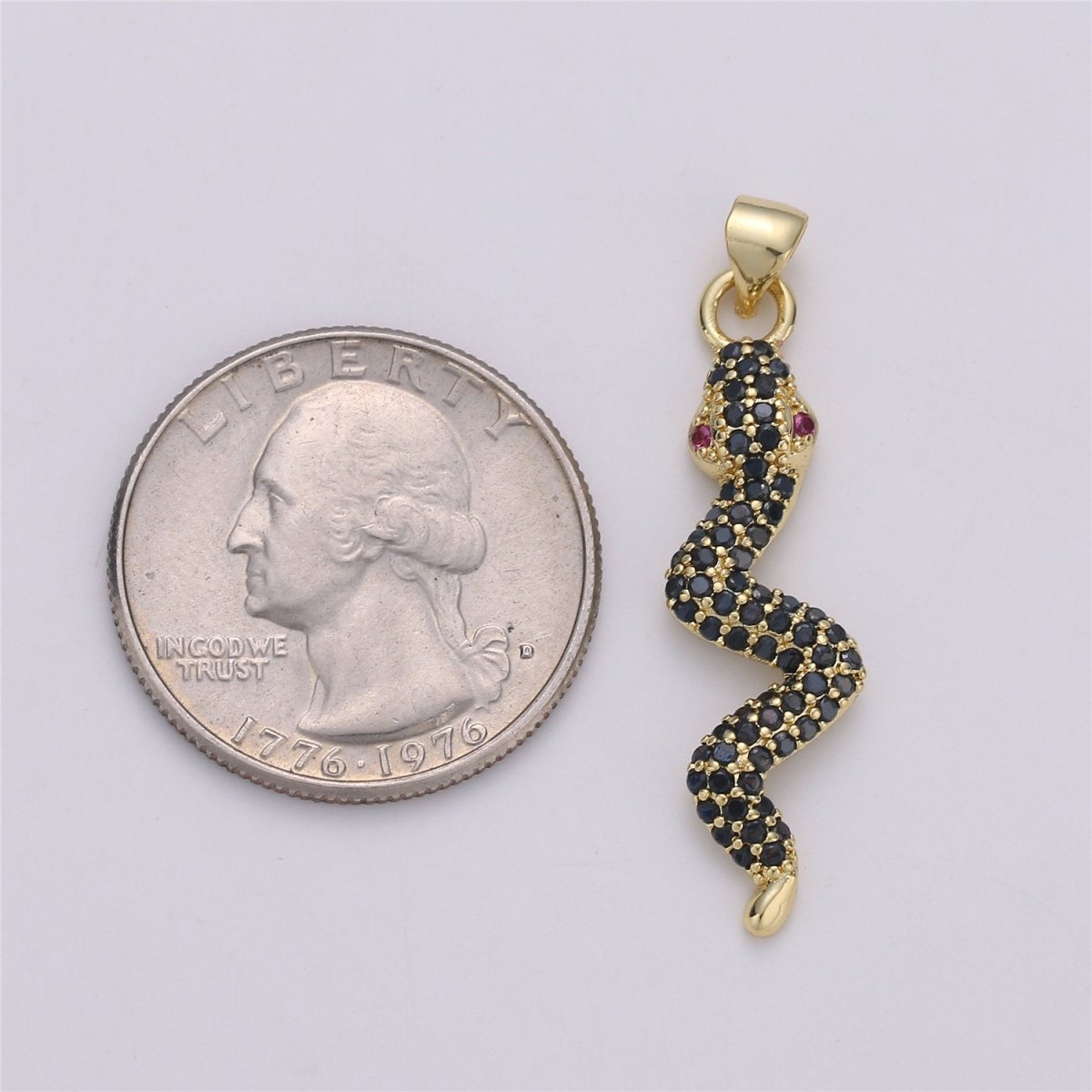 24K Gold plated Dainty Black Snake Pendant with Micro Pave Pink Cubic Zirconia CZ Stone for Necklace or Bracelet I-573 - DLUXCA