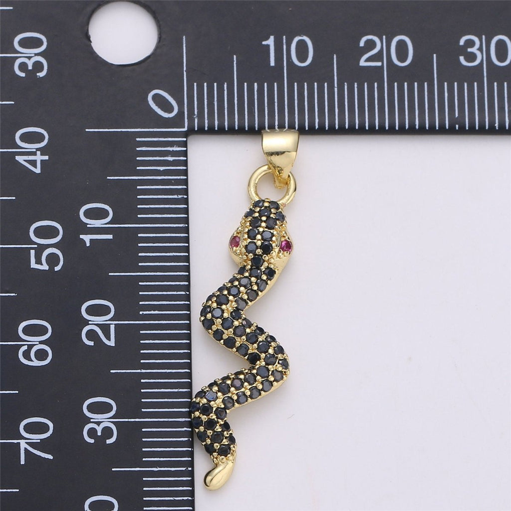 24K Gold plated Dainty Black Snake Pendant with Micro Pave Pink Cubic Zirconia CZ Stone for Necklace or Bracelet I-573 - DLUXCA