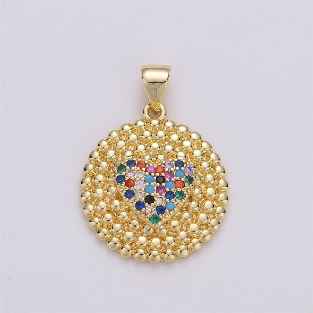 24K Gold plated Dainty Circle Love Pendant with Turquoise Micro Pave Multi Color Rainbow Cubic Zirconia CZ Stone for Necklace or Bracelet I-578 - DLUXCA