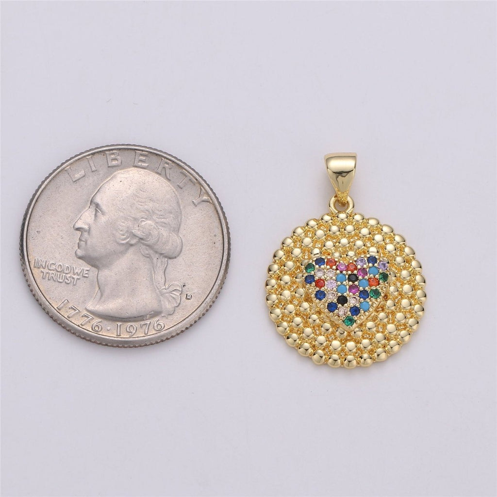 24K Gold plated Dainty Circle Love Pendant with Turquoise Micro Pave Multi Color Rainbow Cubic Zirconia CZ Stone for Necklace or Bracelet I-578 - DLUXCA