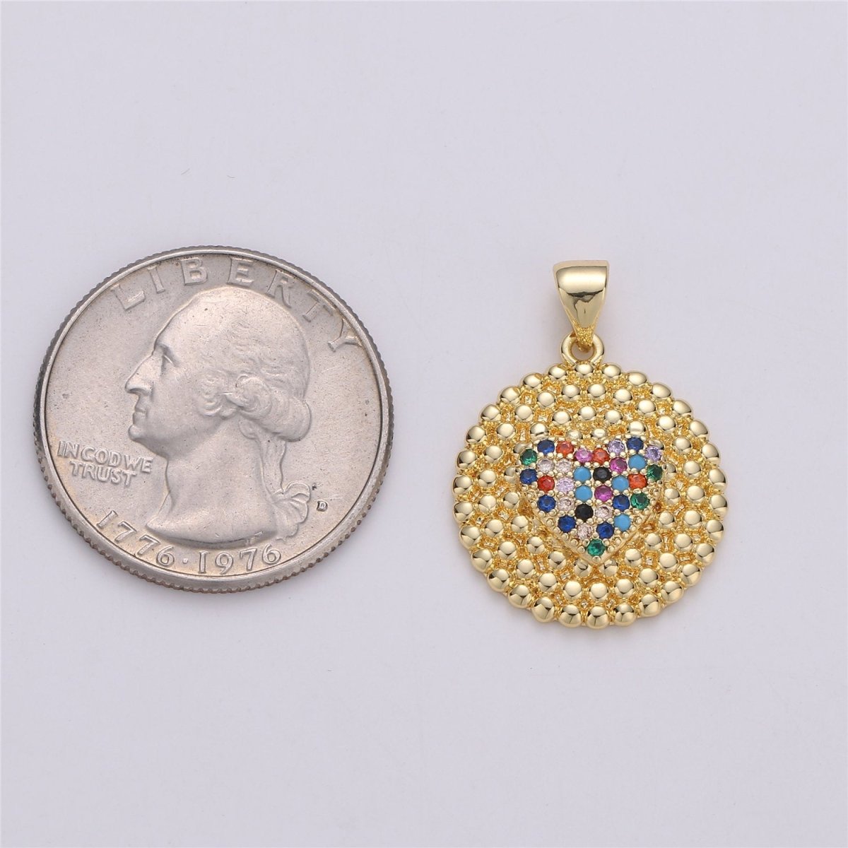 24K Gold plated Dainty Circle Love Pendant with Turquoise Micro Pave Multi Color Rainbow Cubic Zirconia CZ Stone for Necklace or Bracelet I-578 - DLUXCA