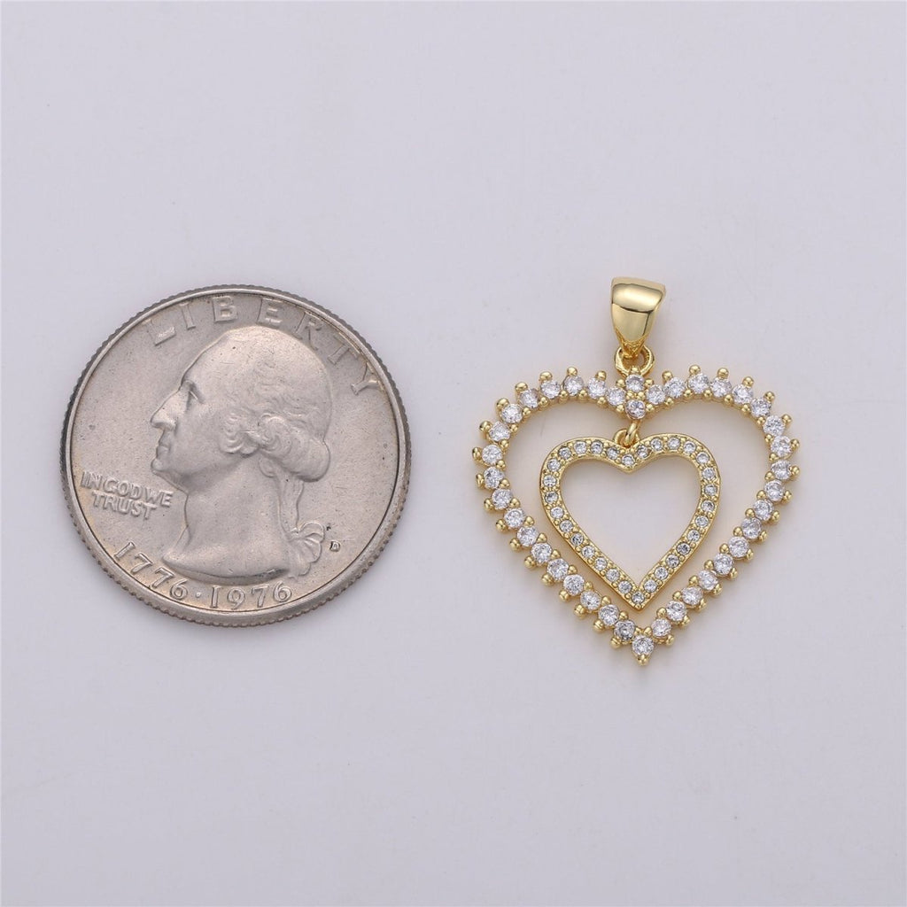 24K Gold plated Dainty Dangle Twin Heart Pendant with Micro Pave Cubic Zirconia CZ Stone for Family Lover Necklace or Bracelet I-594 - DLUXCA