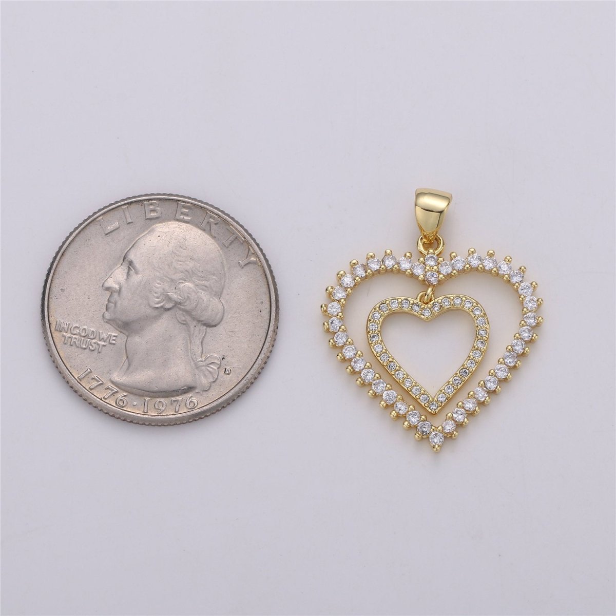 24K Gold plated Dainty Dangle Twin Heart Pendant with Micro Pave Cubic Zirconia CZ Stone for Family Lover Necklace or Bracelet I-594 - DLUXCA