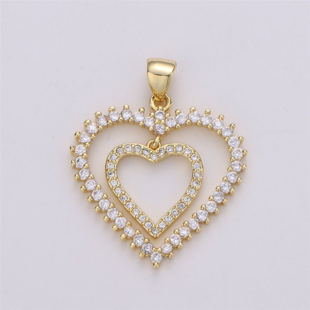 24K Gold plated Dainty Dangle Twin Heart Pendant with Micro Pave Cubic Zirconia CZ Stone for Family Lover Necklace or Bracelet I-594 - DLUXCA