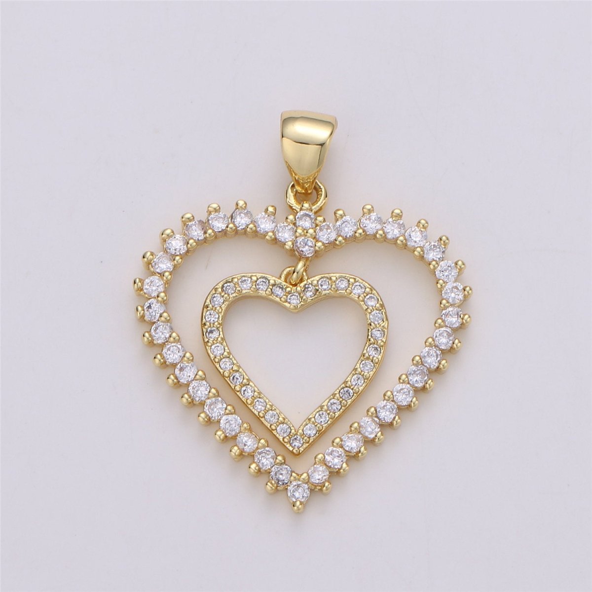 24K Gold plated Dainty Dangle Twin Heart Pendant with Micro Pave Cubic Zirconia CZ Stone for Family Lover Necklace or Bracelet I-594 - DLUXCA