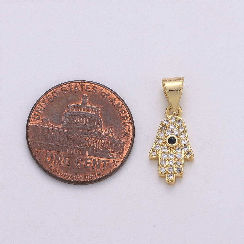 24K Gold plated Dainty Evil Eye Pendant Hamsa Hand with Micro Pave Cubic Zirconia CZ Stone for Spiritual Talisman Necklace or Bracelet I-587 - DLUXCA