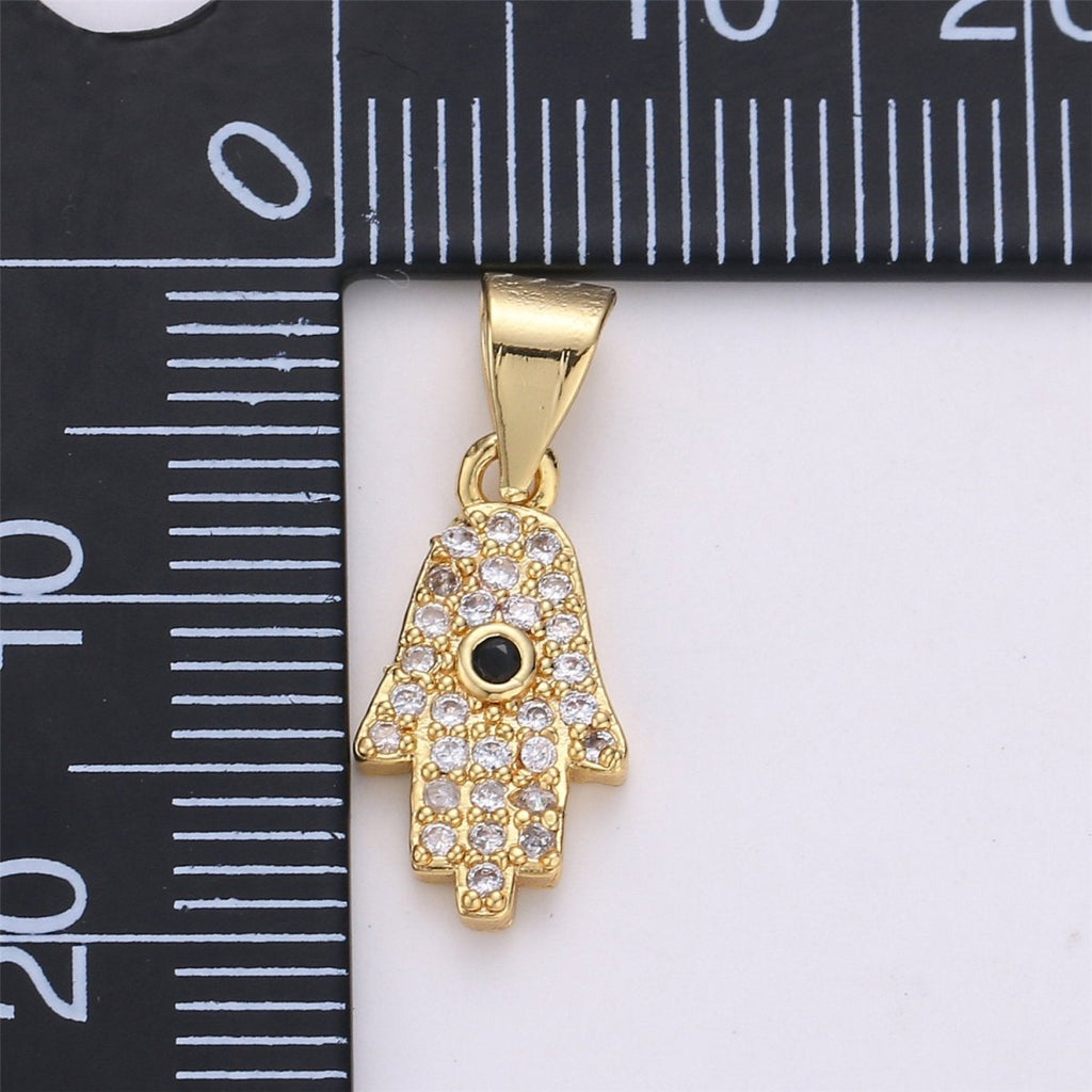 24K Gold plated Dainty Evil Eye Pendant Hamsa Hand with Micro Pave Cubic Zirconia CZ Stone for Spiritual Talisman Necklace or Bracelet I-587 - DLUXCA