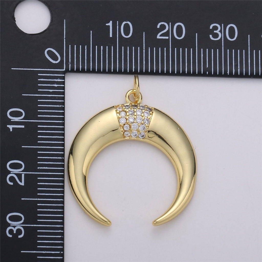 24K Gold plated Dainty Moon Charm with Micro Pave Cubic Zirconia CZ Stone for Horn Necklace or Bracelet, C-871 - DLUXCA