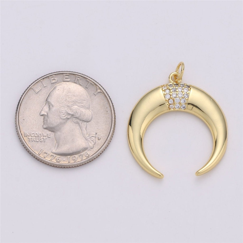24K Gold plated Dainty Moon Charm with Micro Pave Cubic Zirconia CZ Stone for Horn Necklace or Bracelet, C-871 - DLUXCA