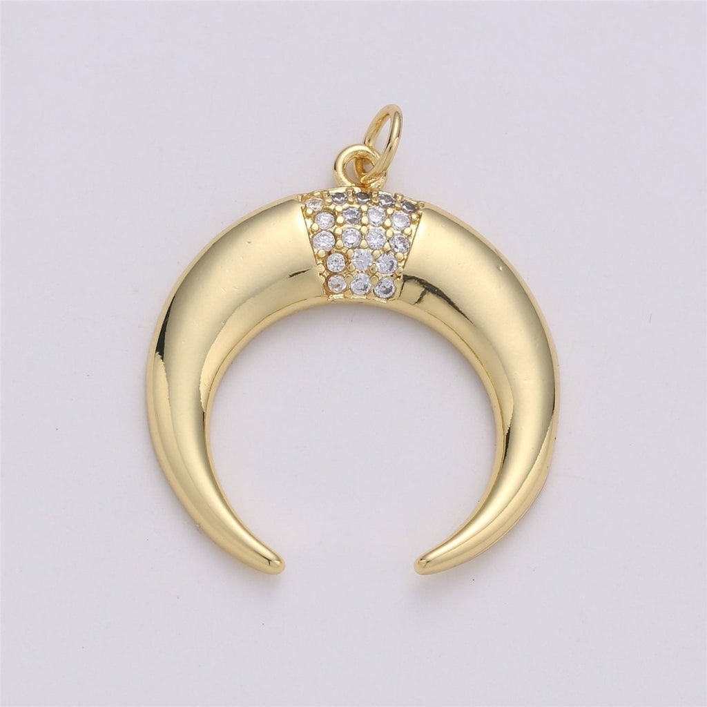 24K Gold plated Dainty Moon Charm with Micro Pave Cubic Zirconia CZ Stone for Horn Necklace or Bracelet, C-871 - DLUXCA