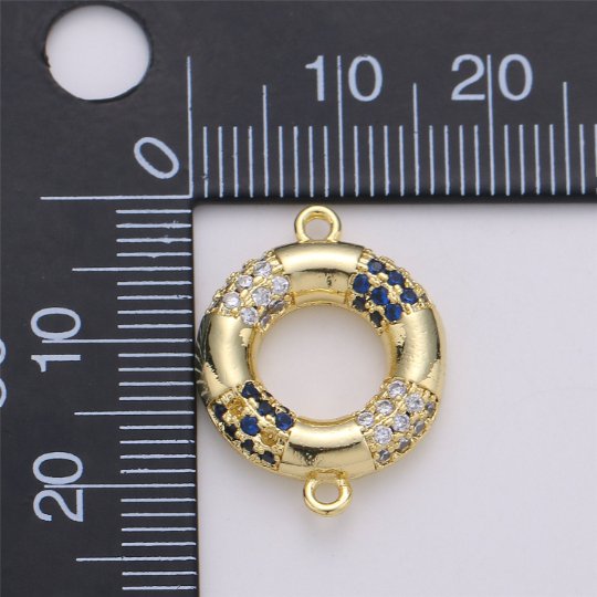 24K Gold plated Dainty Round Navy Float Charm with Micro Pave Cubic Zirconia CZ Stone for Lifeguard Necklace or Bracelet F-354 - DLUXCA