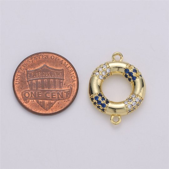 24K Gold plated Dainty Round Navy Float Charm with Micro Pave Cubic Zirconia CZ Stone for Lifeguard Necklace or Bracelet F-354 - DLUXCA