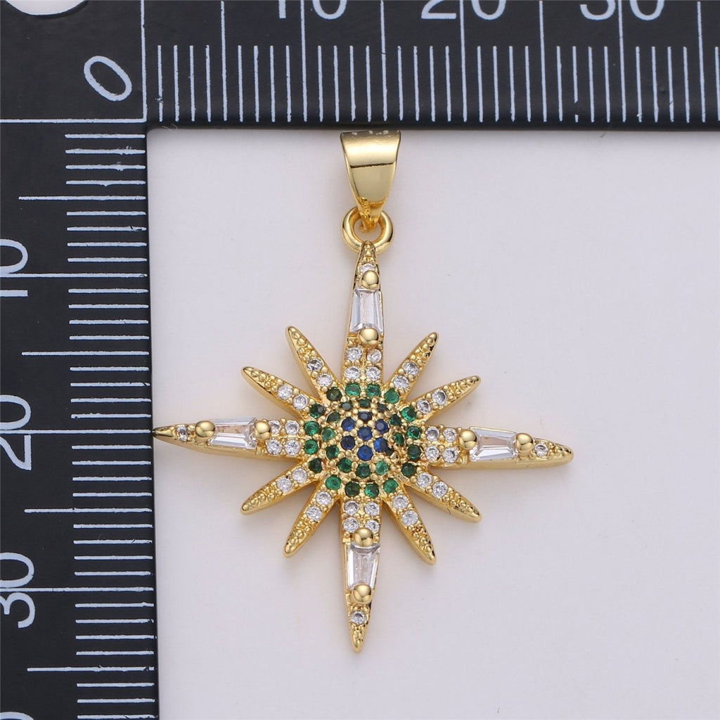24K Gold plated Dainty Sunburst Shining Star with Micro Pave Multi Color Cubic Zirconia CZ Stone for Necklace or Earrings I-572 - DLUXCA