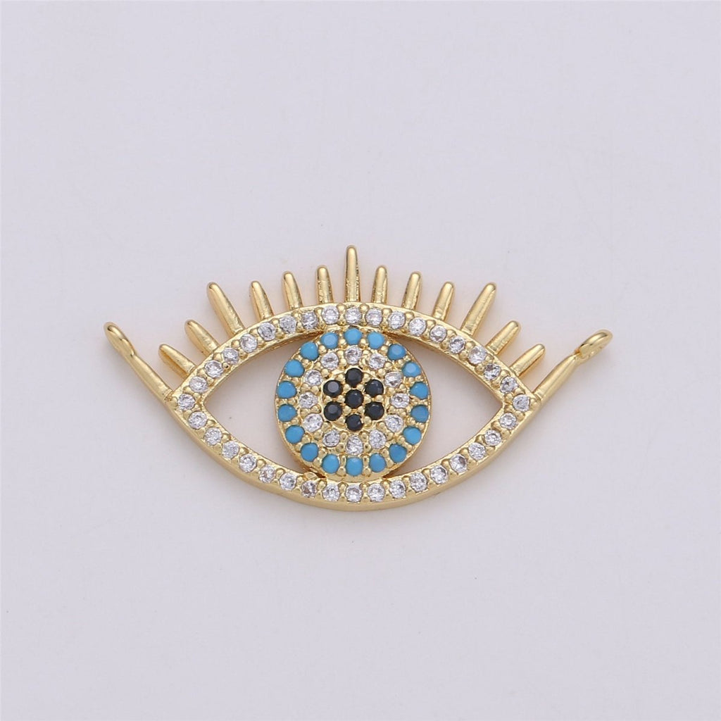 24K Gold plated Dainty Turquoise Evil Eye Connector with Micro Pave Cubic Zirconia CZ Stone for Amulet Necklace or Bracelet F-352 - DLUXCA