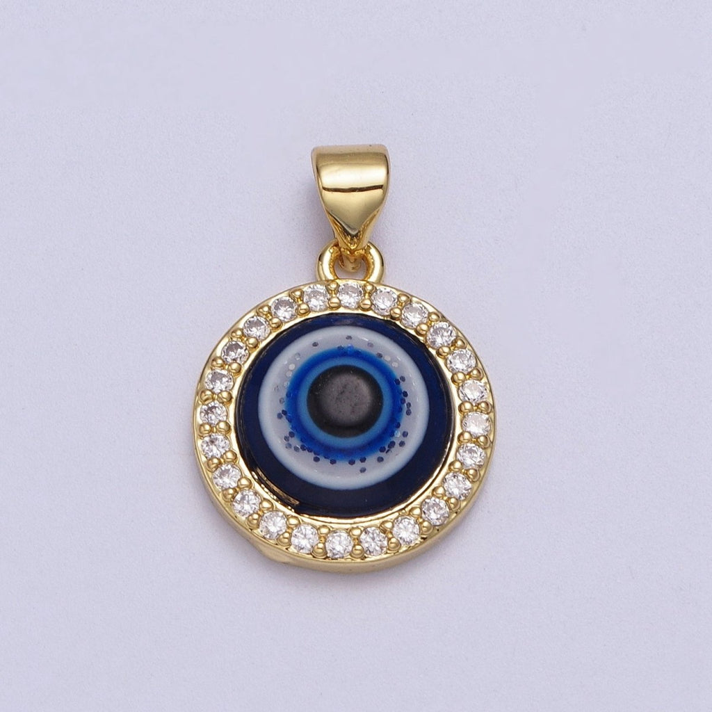 24K Gold plated Dark Evil Eye Protection Micro Paved CZ Round Amulet Pendant H-279 - DLUXCA