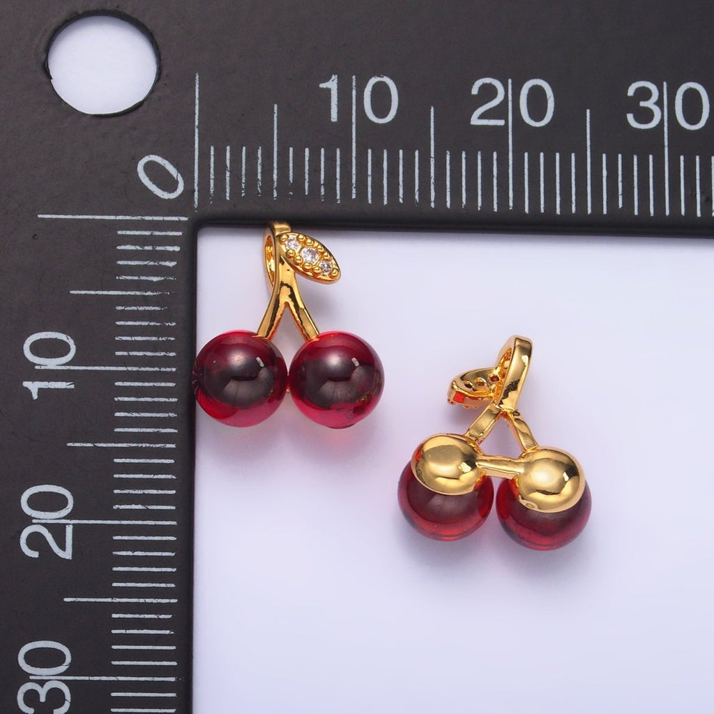 24K Gold plated Dark Red Acrylic Micro Paved CZ Cherry Fruit Pendant | AA1439 - DLUXCA