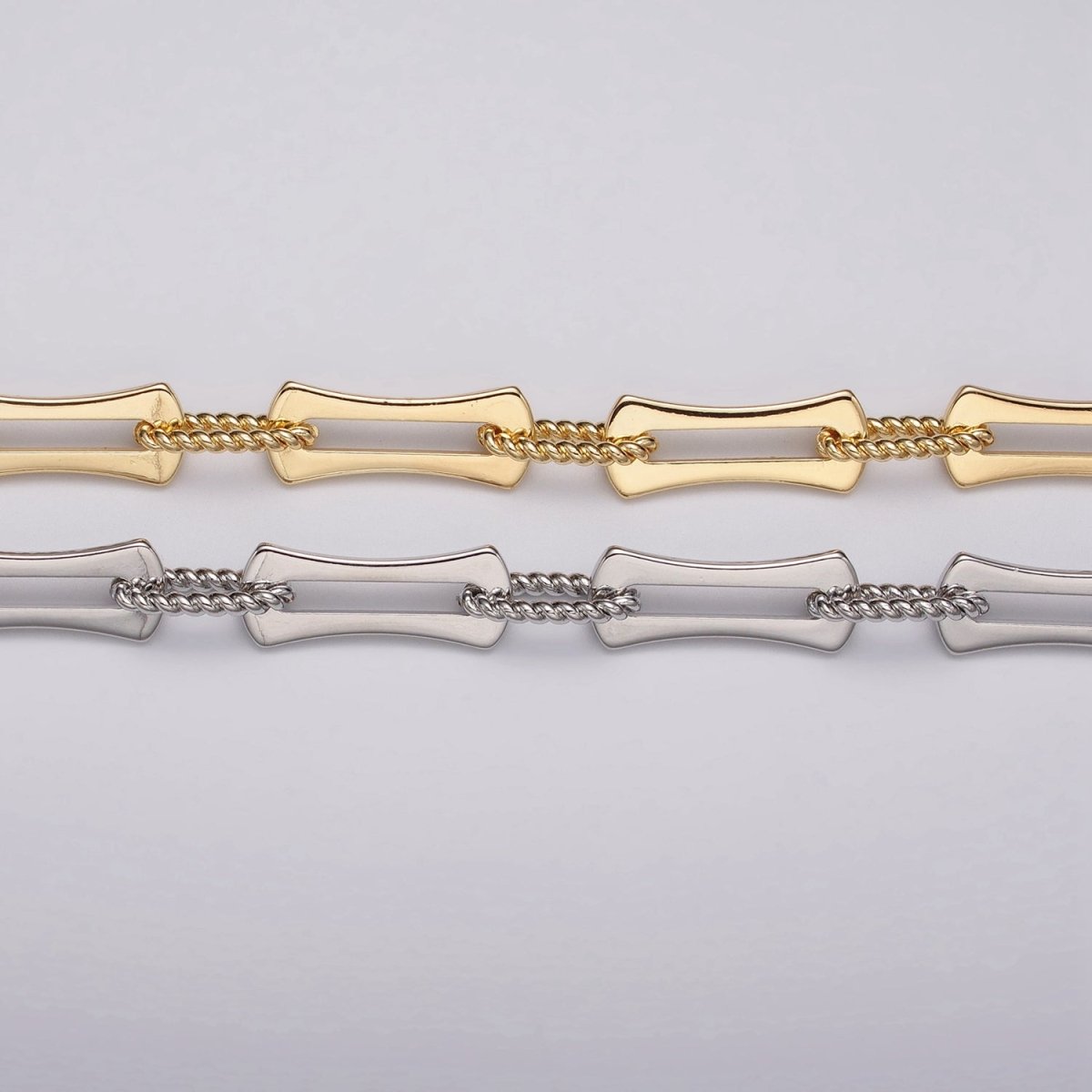 24k Gold plated Designed Curved Paperclip Twisted Oblong Link Unfinished Chain in Gold & Silver | ROLL-1137, ROLL-1138 Clearance Pricing