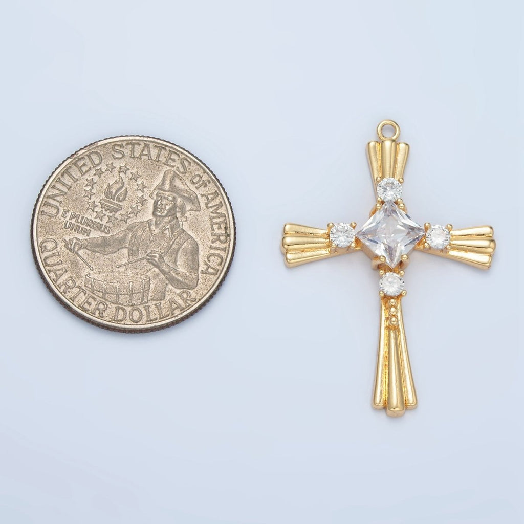 24k Gold plated Diamond CZ Line Textured Religious Cross Charm | M - 016 - DLUXCA