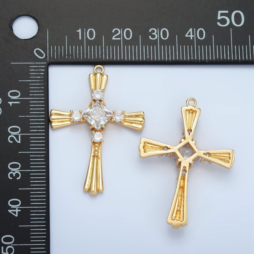 24k Gold plated Diamond CZ Line Textured Religious Cross Charm | M - 016 - DLUXCA