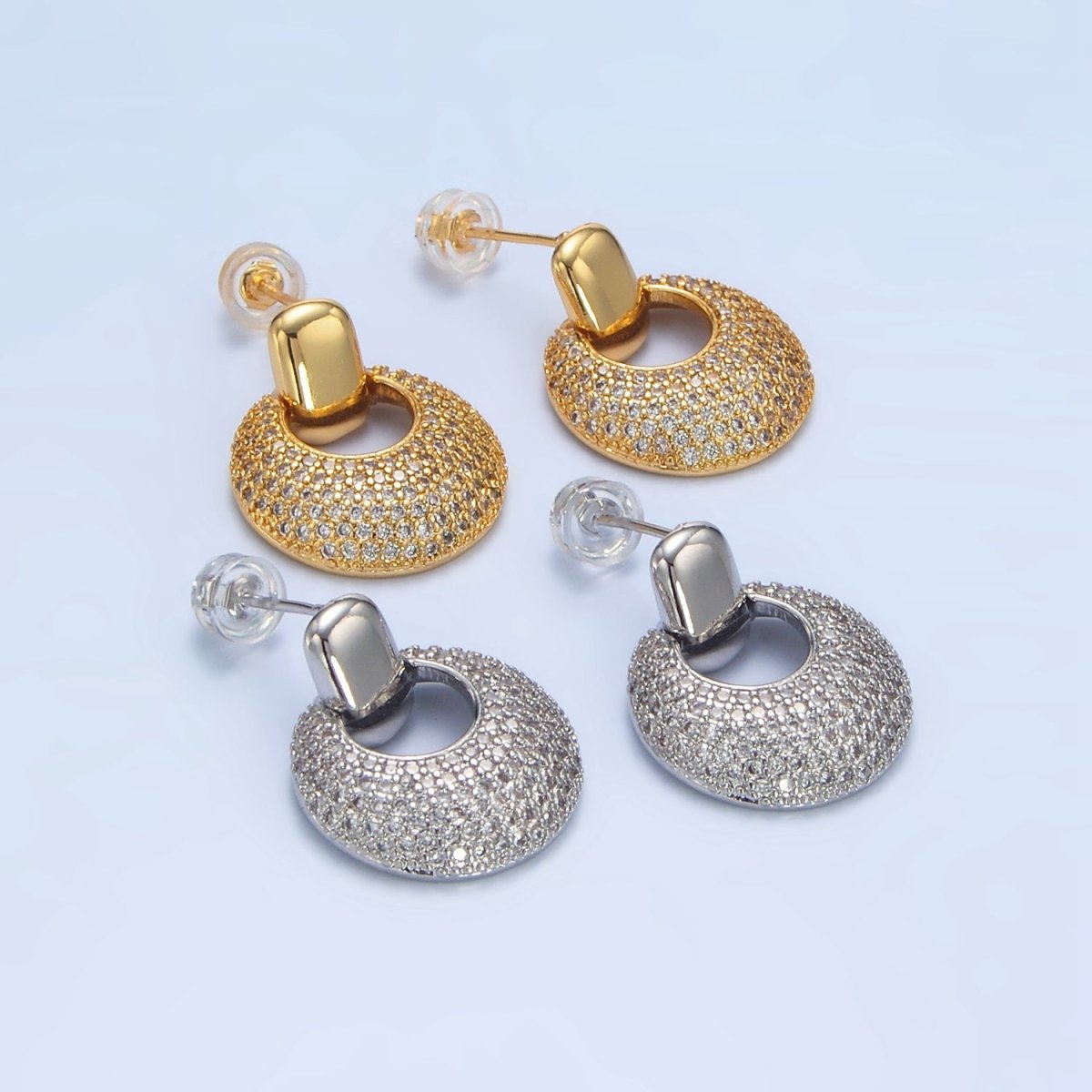 24K Gold plated Dome Micro Paved CZ Door Knocker Drop Stud Earrings in Gold & Silver | P113 P121 - DLUXCA