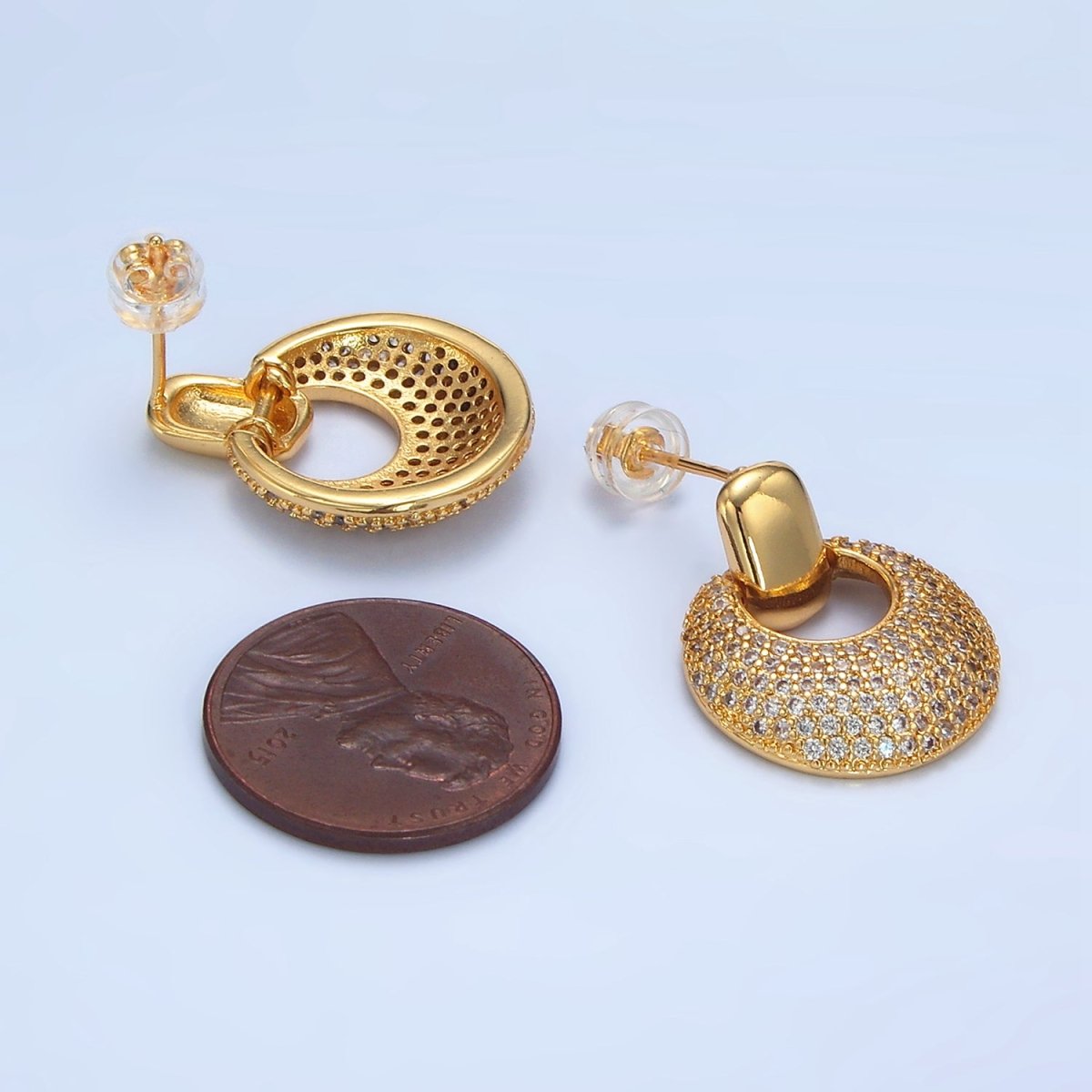 24K Gold plated Dome Micro Paved CZ Door Knocker Drop Stud Earrings in Gold & Silver | P113 P121 - DLUXCA